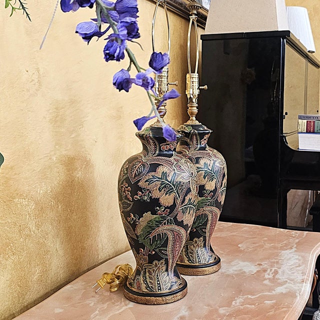 Pair of Bradburn Gallery Hand-Painted Floral Ceramic Table Lamps With Shades For Sale - Image 10 of 18