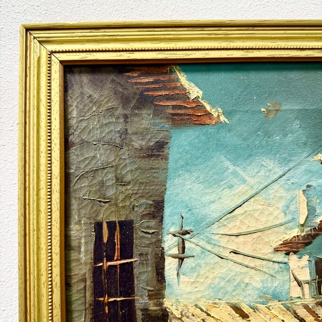 Mediterranean Vintage Mid-Century Palette Knife Oil Painting, Mediterranean Village Street With Archway, Signed, Gold Frame For Sale - Image 3 of 9