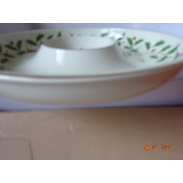 Lenox gold rimmed Christmas holiday design 12 " chip and dip platter in original box. 4" dip bowl in center of platter.
