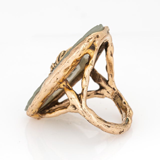 1970s 70s Vintage Agate Frog on Lilypad Ring 14k Yellow Gold Size 9 Fine Cocktail Jewelry For Sale - Image 5 of 7