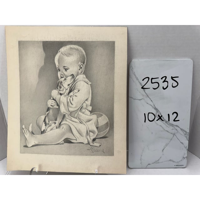 1940s Original Signed Graphite Illustration of Baby Hugging Puppy, 12 I× 10 In. For Sale In Atlanta - Image 6 of 6