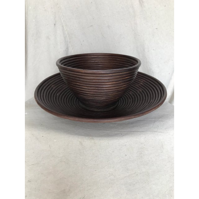 Vintage 1970s Coiled Bent Bamboo Pencil Reed Bowl & Plate - Pair For Sale - Image 4 of 7