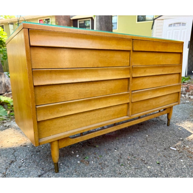 Beautiful mid-century modern lowboy dresser with 6 drawers, dovetail joinery. Piece is probably from 1960-70s. Brass leg...