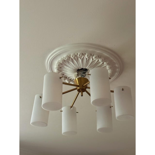 Mid-century modern fagerhult semi flush mount chandelier in opaline glass and brass, sweden, 1960. Glass shades made by...
