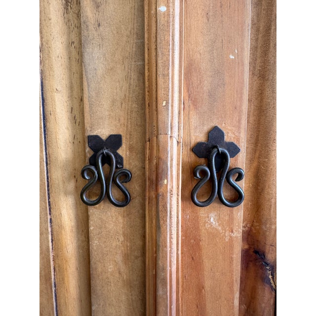 1980s Rustic Solid Pine Storage Armoire With Wrought Iron Accents, Mexico For Sale - Image 11 of 13
