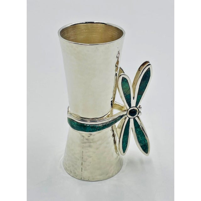 Silver 1980s Los Castillo Taxco Shot Glass With Lapis & Malachite Dragonfly Handle For Sale - Image 8 of 18
