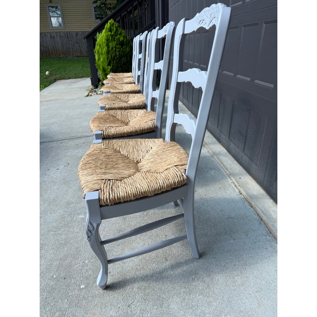 Late 20th Century French Country Ladder Back Rush Seat Dining Chairs – Set of 6 For Sale - Image 9 of 9