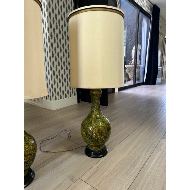 Pair of Tall Green Vintage Lamps For Sale - Image 4 of 12