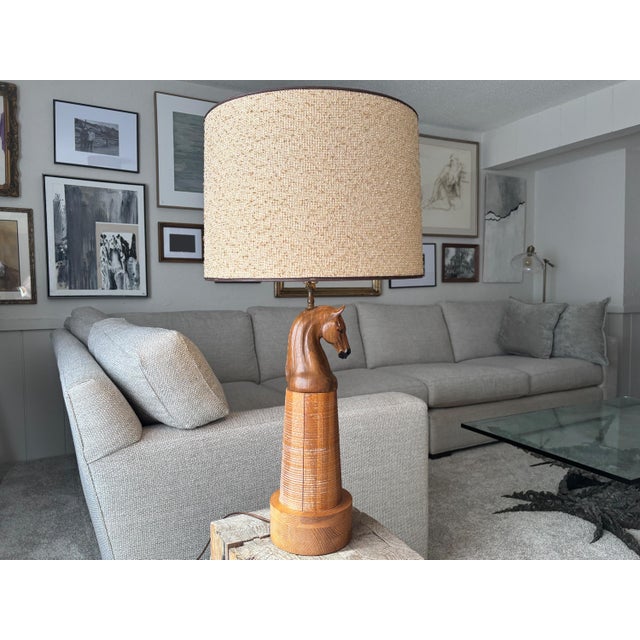 Here is a vintage 1950s carved wood horse lamp designed by August Brandt for Ranch Oak Furniture Co. complete with an...