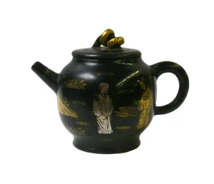Chinese Clay Display Teapot, Black & Gold Scenery