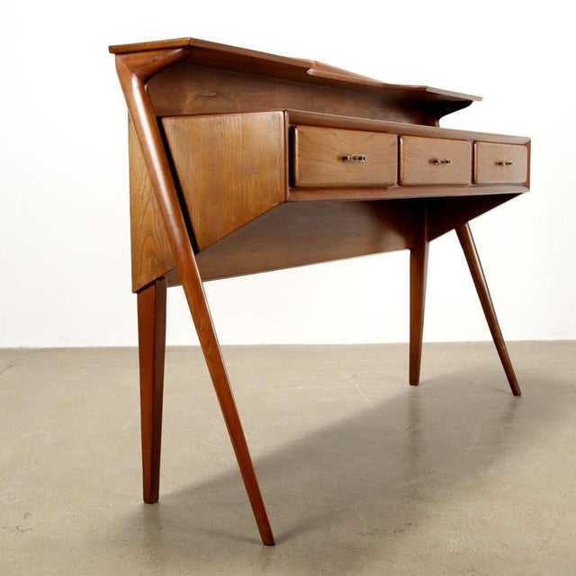 Vintage Console Table in Oak Veneer and Brass, 1950s For Sale - Image 6 of 9