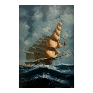 Vintage Coastal Nautical Original & Signed Clipper Ship Sailboat Oil Painting For Sale