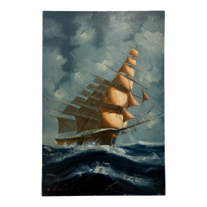 Vintage Coastal Nautical Original & Signed Clipper Ship Sailboat Oil Painting