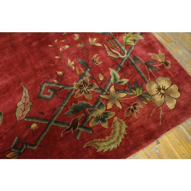 1920s 1920s Ruby Red Flora Bamboo Antique Chinese Art Deco Carpet 8'10" X 11'7" Knotted Wool Rug For Sale - Image 5 of 12