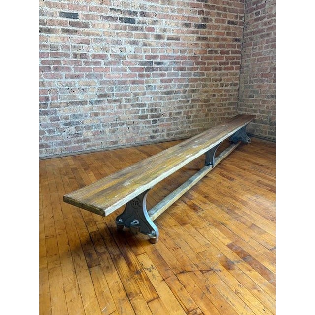 10-Foot Antique Industrial Maple Butcher Block & Cast Iron Locker Room Bench For Sale - Image 4 of 16
