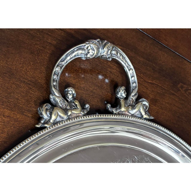 Sheffield Gorgeous Vintage Wilson Silversmiths Sheffield 31"x19.5" Oval Serving Tray. SilverPlate on Brass With Cherub Handles. Scroll Design With Beaded Edge. For Sale - Image 4 of 11