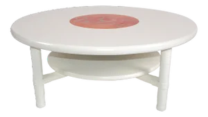 White Bamboo, Rattan & Enamel 2-Tier Round Coffee Table Mid-Century Modern 1970s