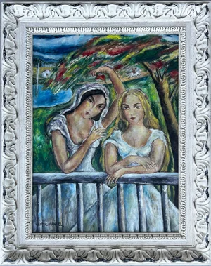 Cuban Artist Victor Manuel Oil Painting of Two Women on a Balcony