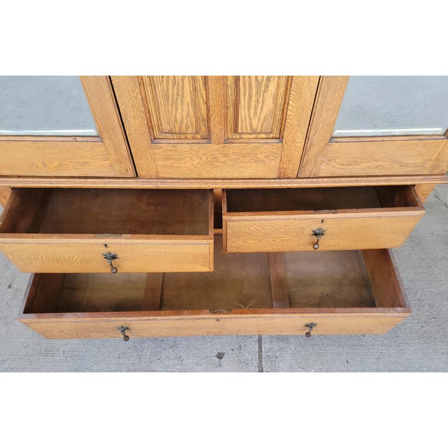 Wood Antique Armoire / Wardrobe English Oak With Beveled Mirror Doors For Sale - Image 7 of 18