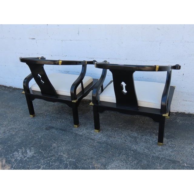 Hollywood Regency Ming Style Painted Black Lounge Side Chairs a Pair 6359 For Sale - Image 4 of 15