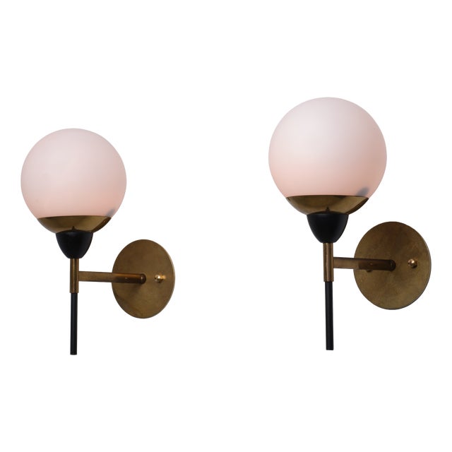 Vintage Italian Wall Sconces in Brass with Black Metal and Opaline Glass, 1950s, Set of 2 For Sale