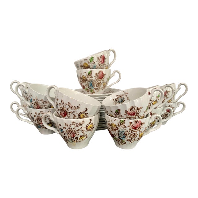 Staffordshire Bouquet Johnson Bro. Teacups & Saucers - Set of 30 For Sale