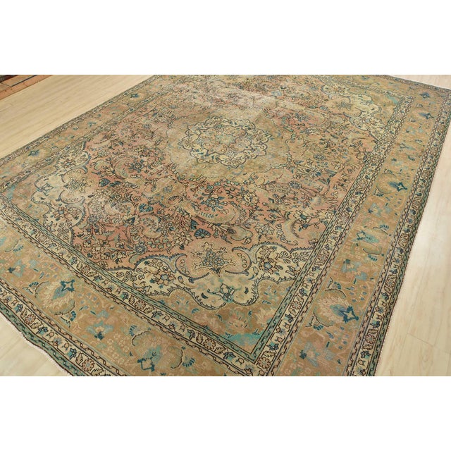 Farmhouse Tabriz Rug 9’7” X 12’4” Pink Wool Vintage Distressed Hand-Knotted Carpet For Sale - Image 3 of 15