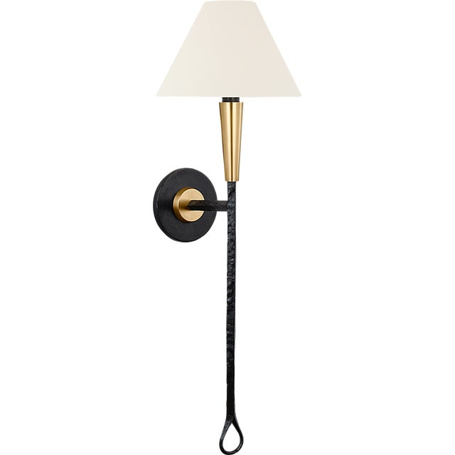 2020s Thomas O'Brien for Visual Comfort Signature Cavalli 27" Tail Sconce in Aged Iron and Hand-Rubbed Antique Brass with Linen Shade For Sale - Image 5 of 11