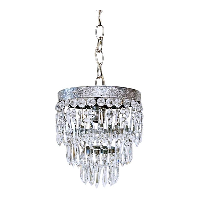 Vintage Silver Crystal Basket Chandelier With a-Chain and Crystal Ball Drop For Sale