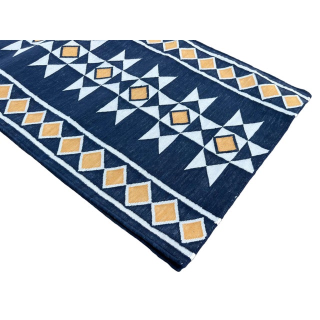 Handmade Cotton Navy Blue Geometric Runner Rug, Vegetable Dyed Dhurrie Runner -2.5'x16' For Sale - Image 6 of 11