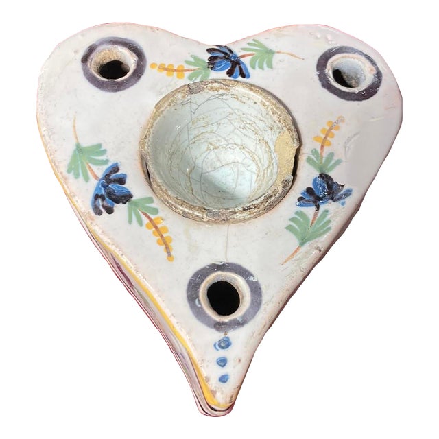 Antique Colorful French Faience Inkwell - Heart Shaped 19th Century For Sale