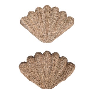 Pottery Barn Wicker Clam Shell Sculptural Wall Art-a Pair For Sale