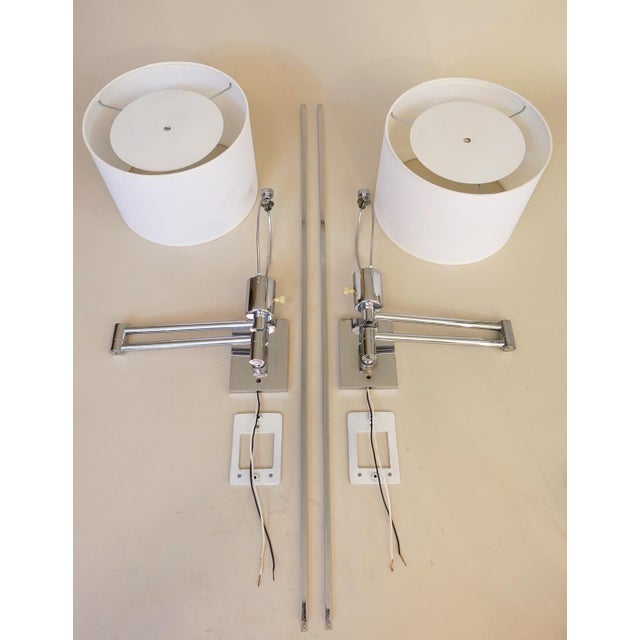 Hansen Lighting Co. Matched Pair of George Hansen NY Chrome Swing Arm Extension Wall Lamps Metalarte 1950's Spain For Sale - Image 4 of 7