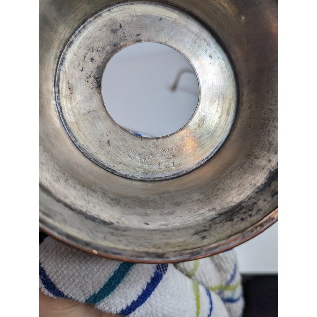 Antique Glass Aqua Blue Ribbed Optic Bride’s Bowl, Crescent Silver Co. Quadruple Plate Base For Sale - Image 10 of 10