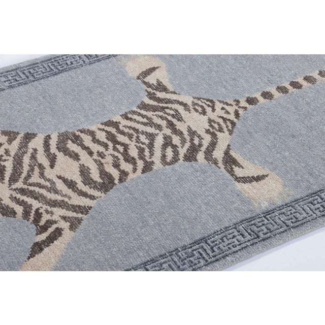 Rug & Kilim Rug & Kilim’s Distressed Tiger Runner Rug in Blue With Beige and Brown Pictorial For Sale - Image 4 of 8
