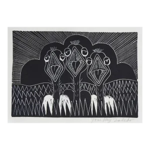 Vintage Mid 20th Century Jose Rey Toledo Three Baby Birds Woodcut