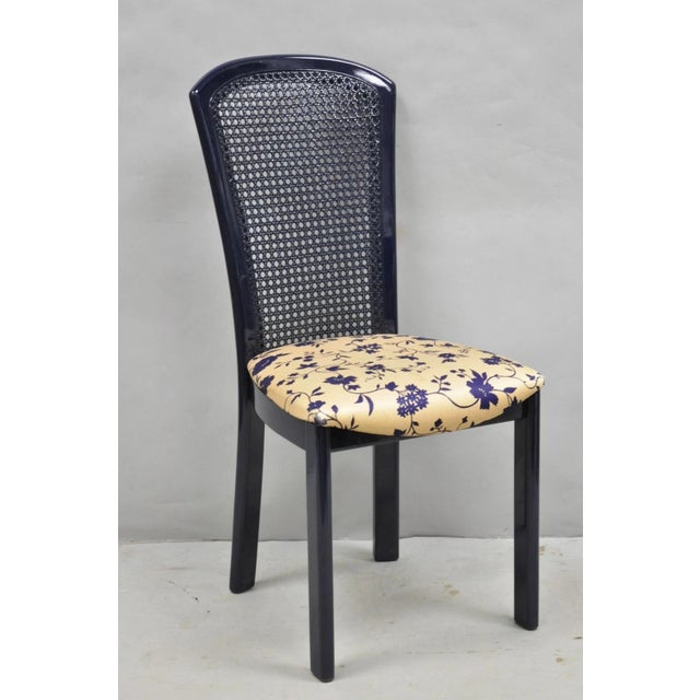 Hollywood Regency Vintage Italian Hollywood Regency Navy Blue Lacquer Cane Dining Chair - Set of 4 For Sale - Image 3 of 16