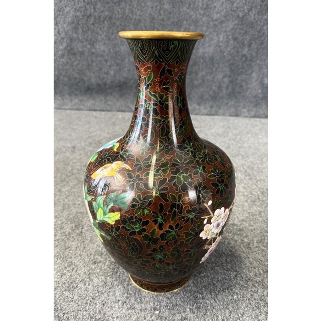 Traditional Brown Cloisonne Vase With Birds and Flowers For Sale - Image 3 of 8