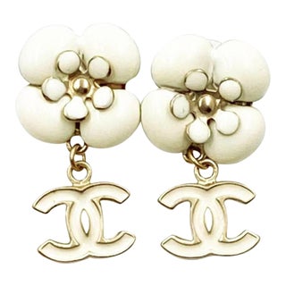Chanel Ivory Camellia CC Dangle Piercing Earrings, A Pair For Sale