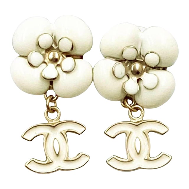 Chanel Ivory Camellia CC Dangle Piercing Earrings, A Pair For Sale