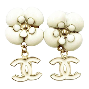 Chanel Ivory Camellia CC Dangle Piercing Earrings, A Pair