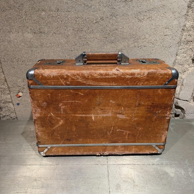 Weathered Brown Vintage Suitcase With Metallic Latches Industrial For Sale In San Diego - Image 6 of 16
