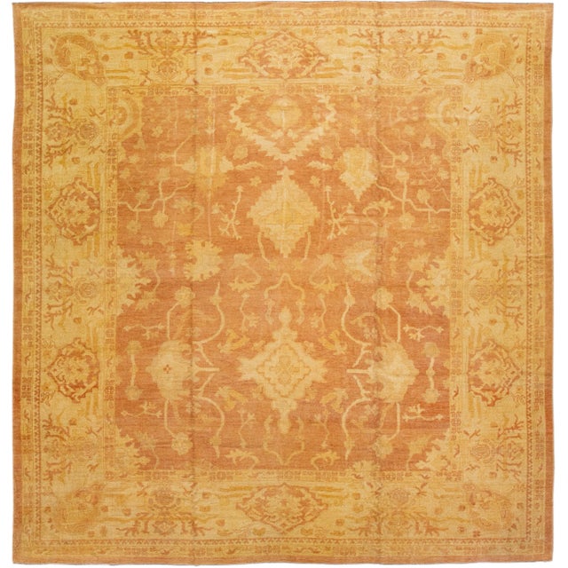 Textile Modern Turkish Oushak Handmade Square Wool Rug With Orange-Rust Field For Sale - Image 7 of 7