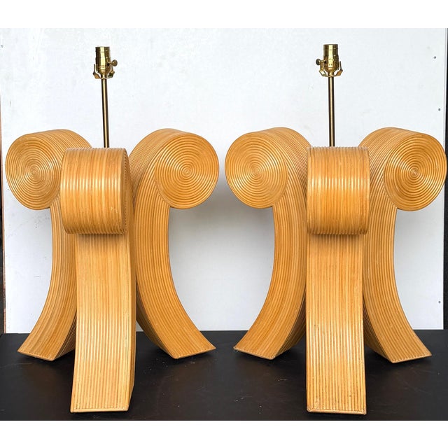 Large Pair Sculptural Modernist Pencil Reed Scroll Lamps, 1980s For Sale - Image 4 of 9