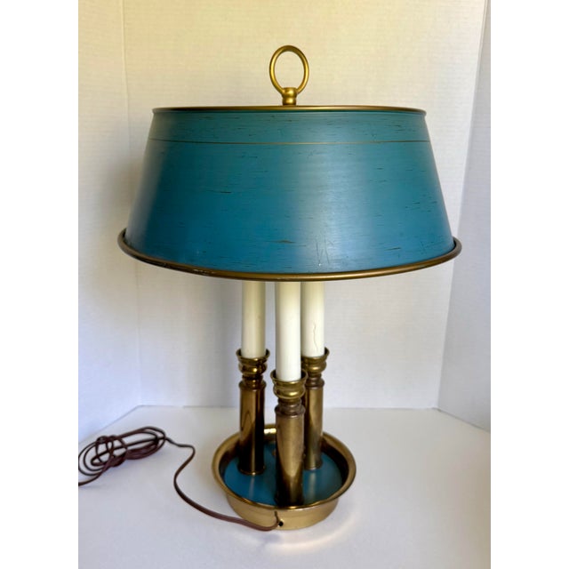 Mid 20th Century Vintage French Empire Revival Blue Tole and Brass Bouillotte Lamp For Sale - Image 5 of 14