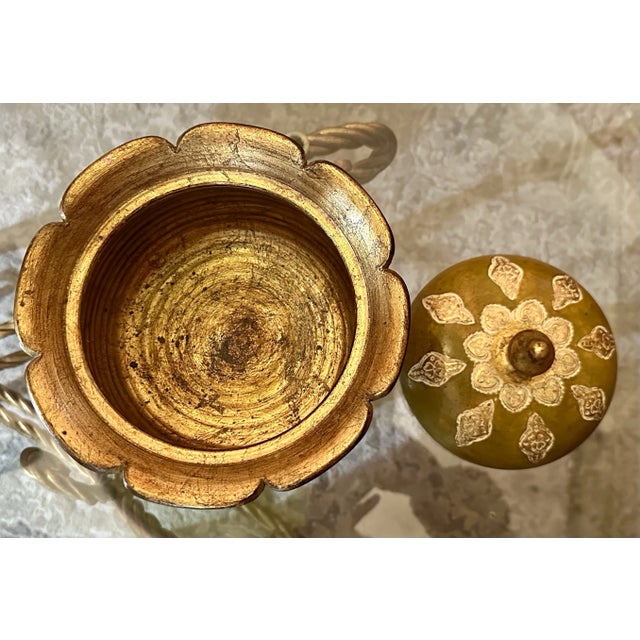 Gorgeous vintage Florentine lidded dish. Gold and green painted terra cotta. Excellent condition.