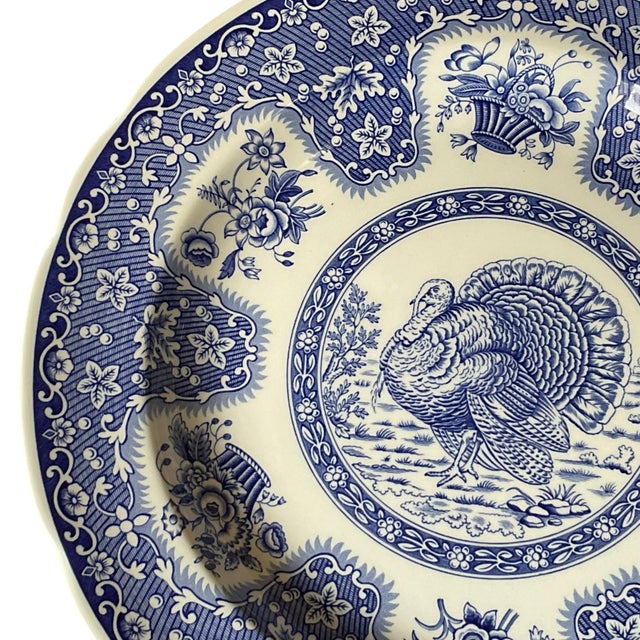 English 1990s Spode Festival Blue Turkey Dinner Plates England Thanksgiving - Set of 8 For Sale - Image 3 of 9