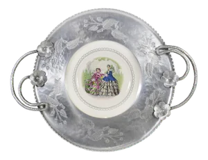 Victorian Hand Hammered Wrought Farberware Brooklyn Ny With Inserted China Plate Platter Tray