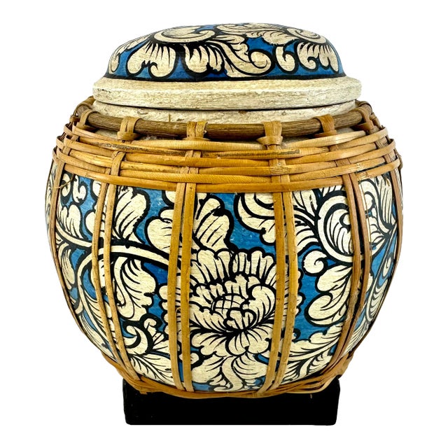 Vintage Handcrafted Bamboo Jar With Intricate Floral Motif For Sale