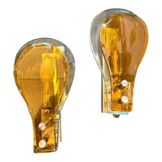 Set of Two 1970s Space Age Amber and Green Heavy Glass Wall Sconces by Veca For Sale
